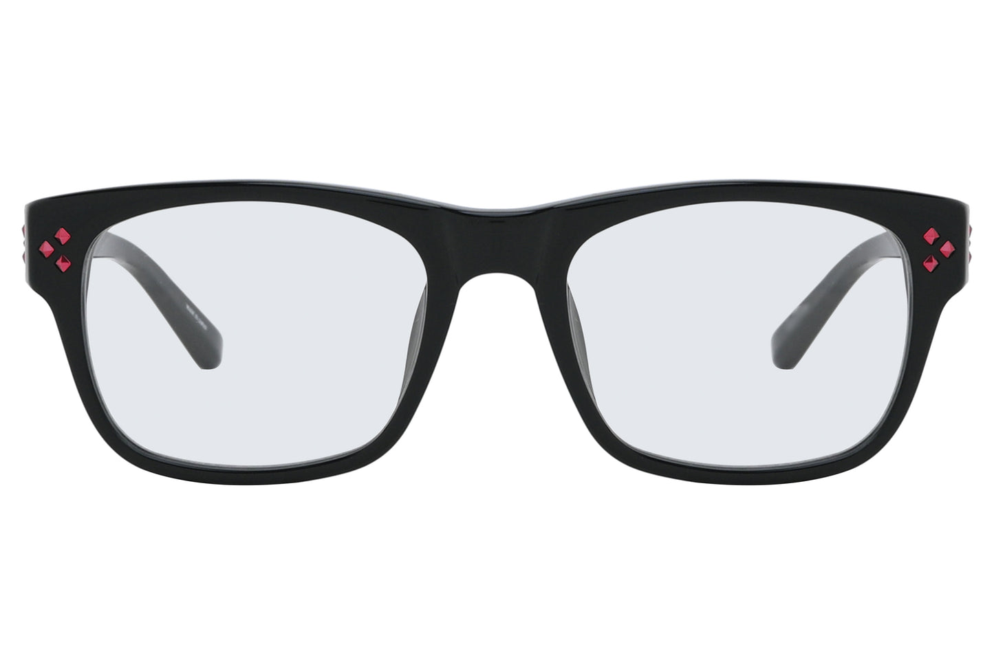 Black-framed glasses with red heart accents on a white background