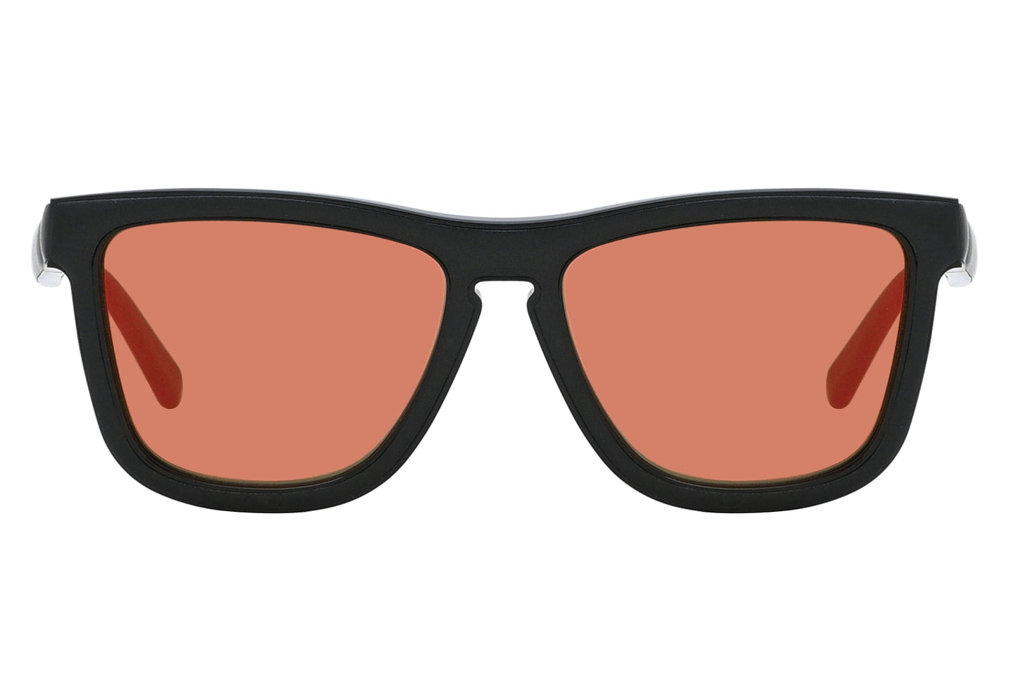 Sunglasses with black frame and red-tinted lenses on a white background