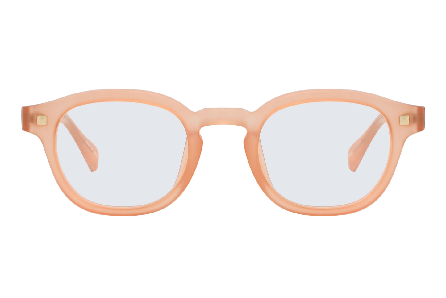 Pair of peach-colored eyeglasses on a white background