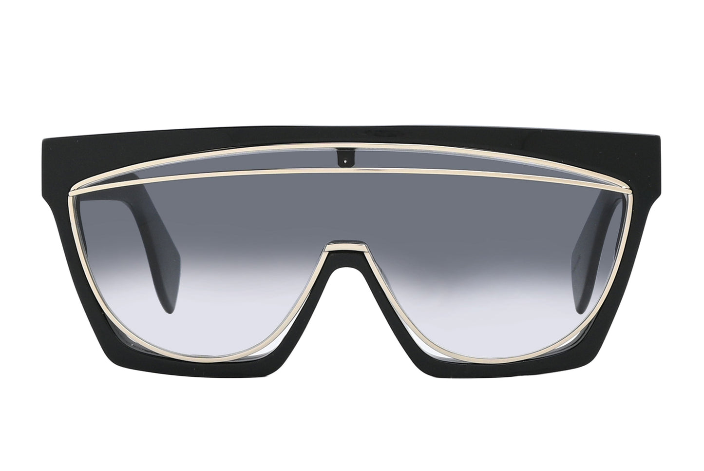 Black and gold sunglasses with reflective lenses on a white background