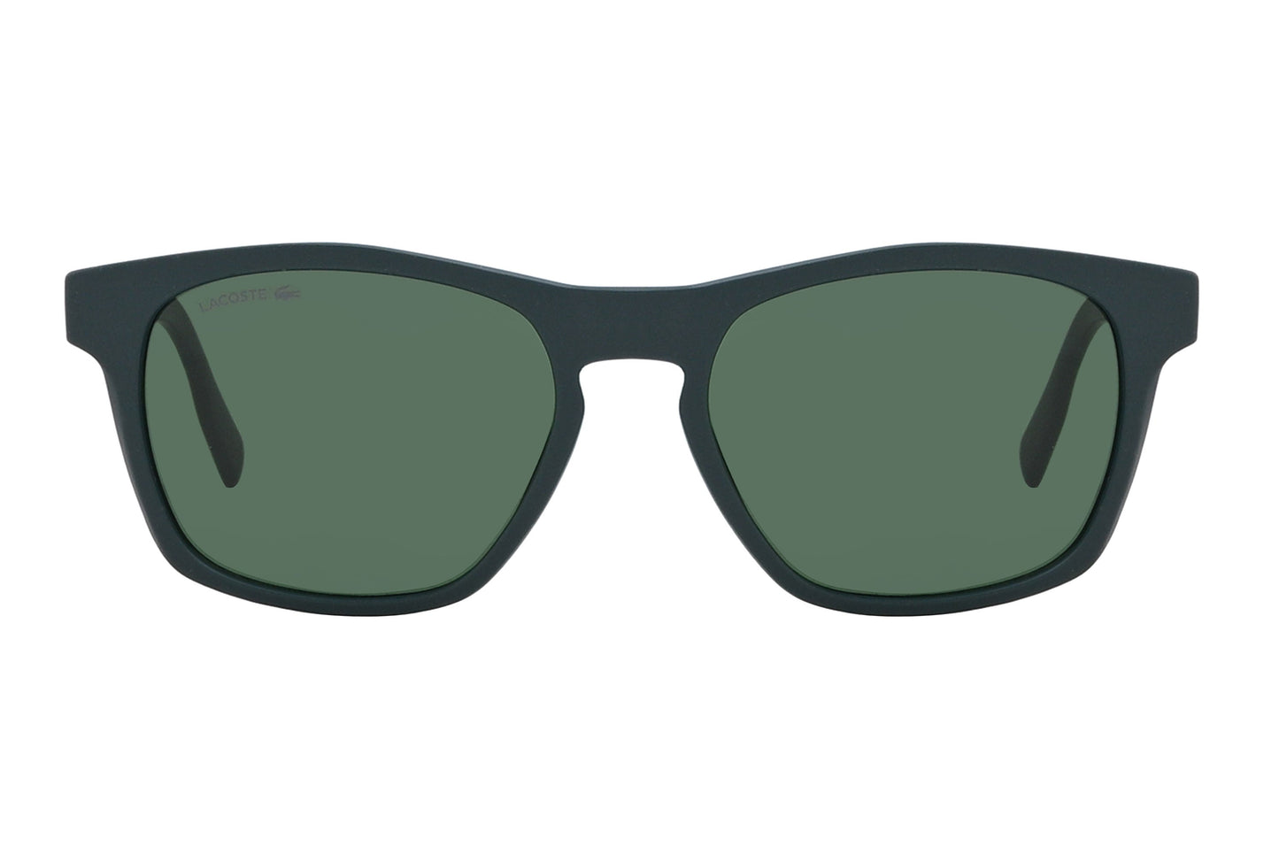 Black sunglasses with green lenses on a white background