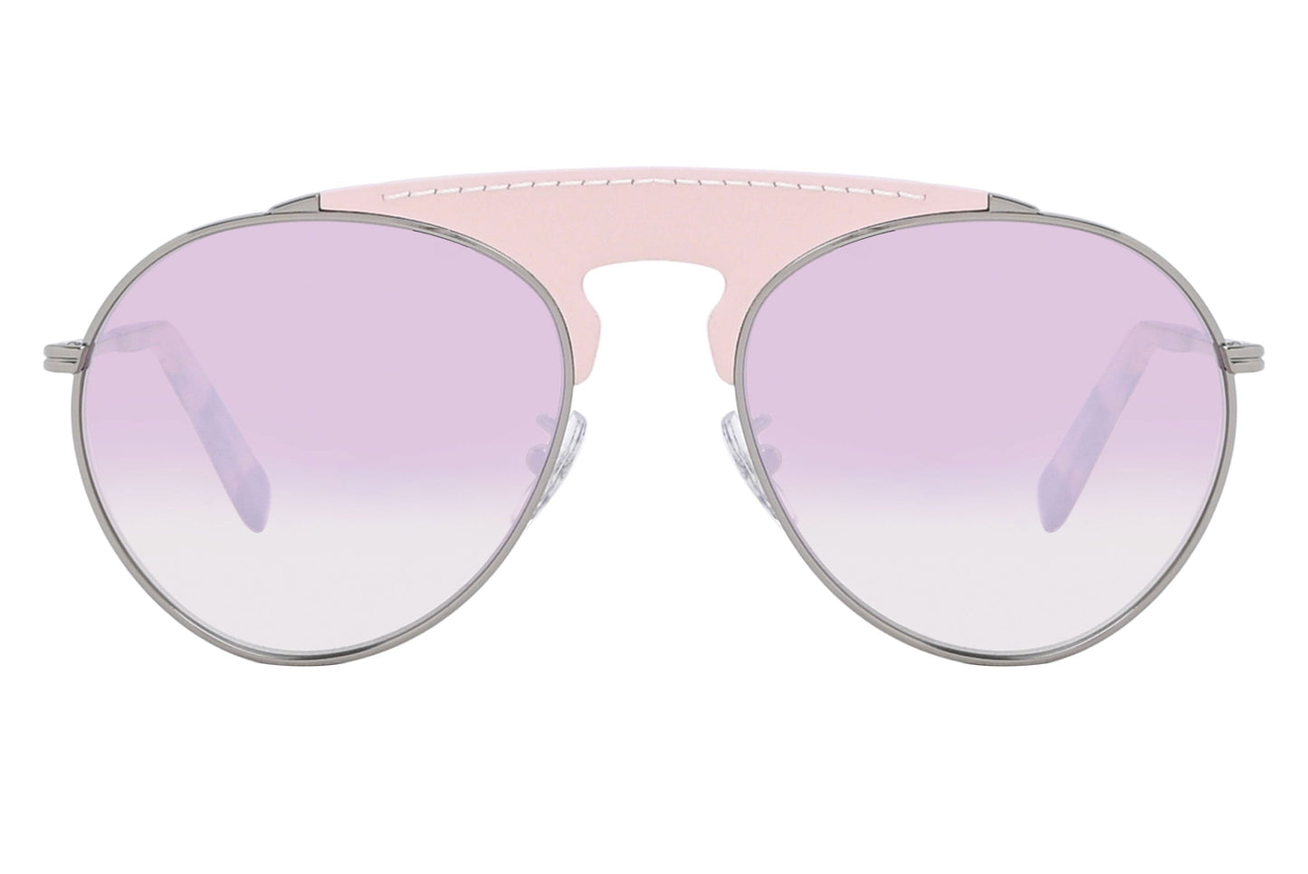 Sunglasses with pink frame and purple lenses on a white background