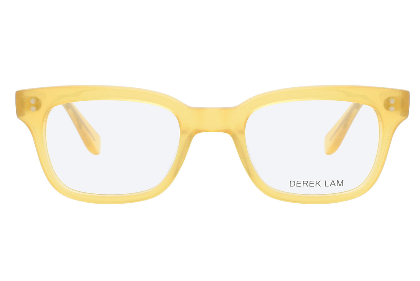 Yellow eyeglasses with 'Derek Lam' branding on a white background