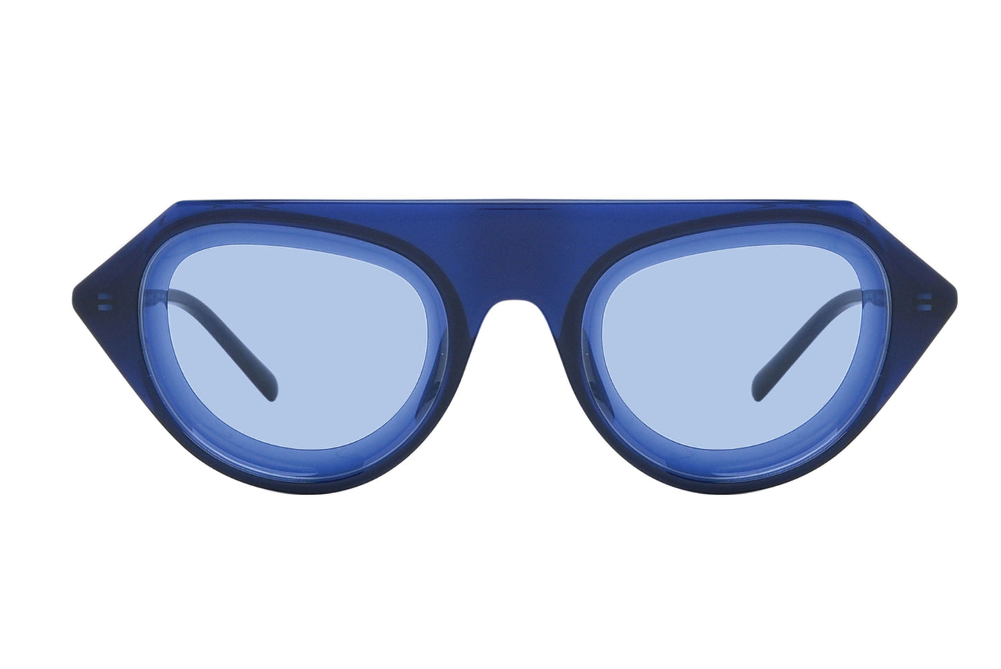 Blue sunglasses with a Calvin Klein logo on a white background
