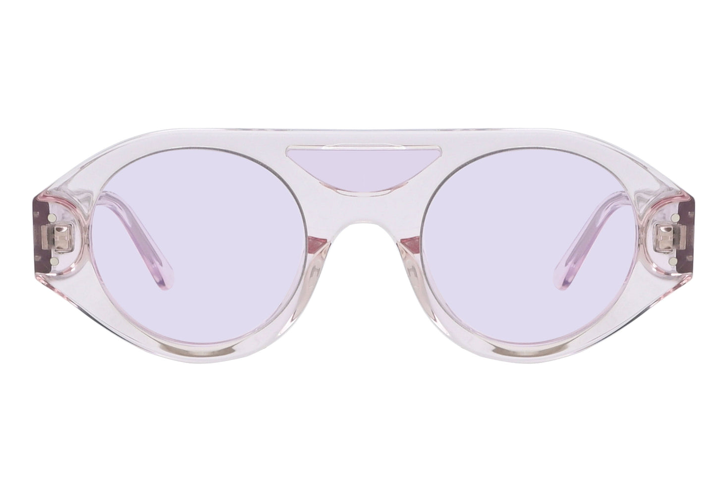 Sunglasses with clear frame and light purple lenses on a white background