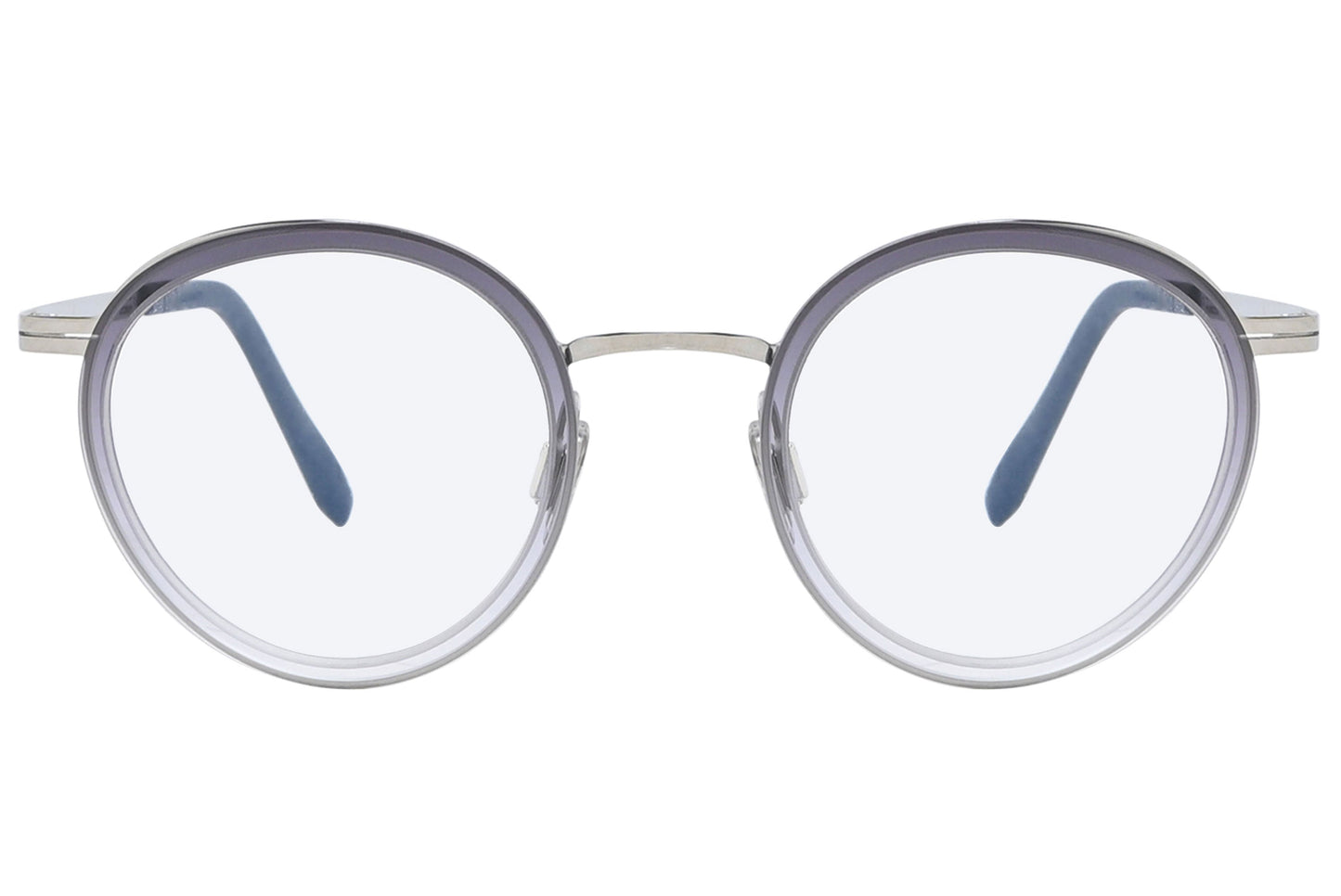 Round eyeglasses with a silver frame on a white background