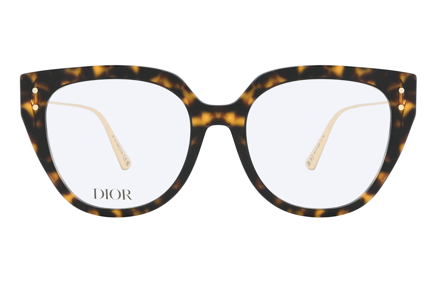 Tortoiseshell cat-eye glasses with 'Dior' logo on a white background