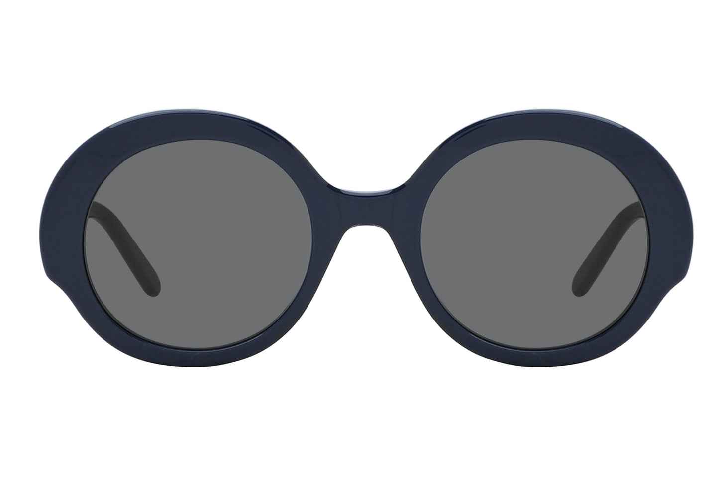 Sunglasses with dark lenses and navy blue frame on a white background