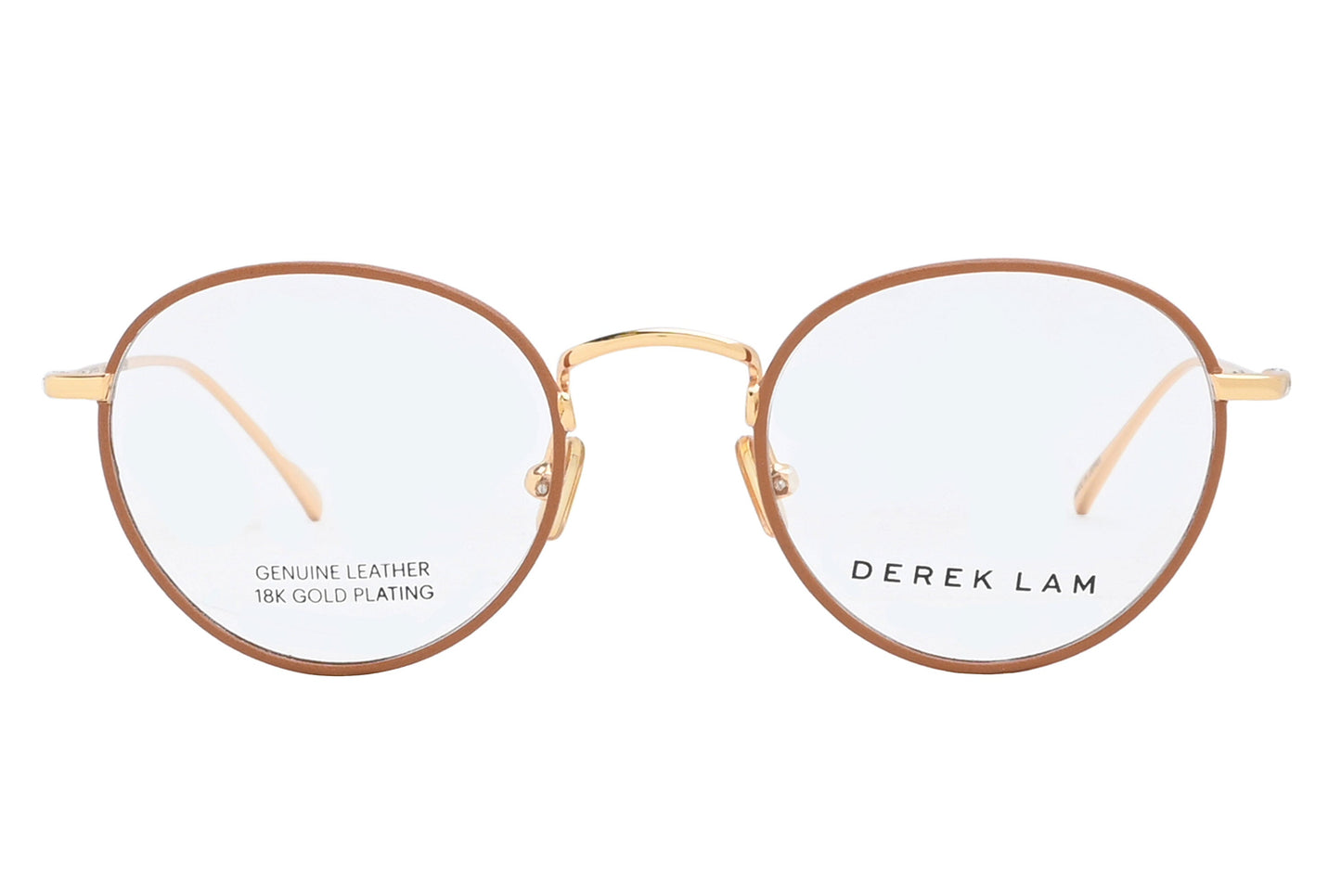 Gold-framed eyeglasses with 'Derek Lam' branding on a white background