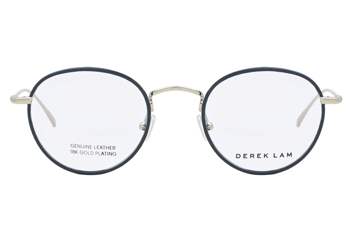 Round eyeglasses with black frames and gold accents on a white background, featuring the brand 'Derek Lam'.