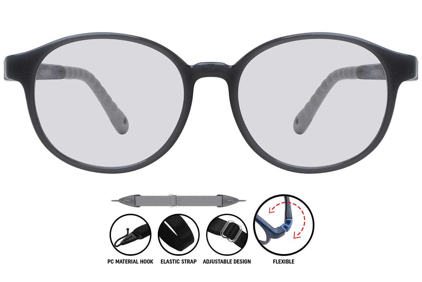 Coline black grey round eyeglasses, front view, modern style frames