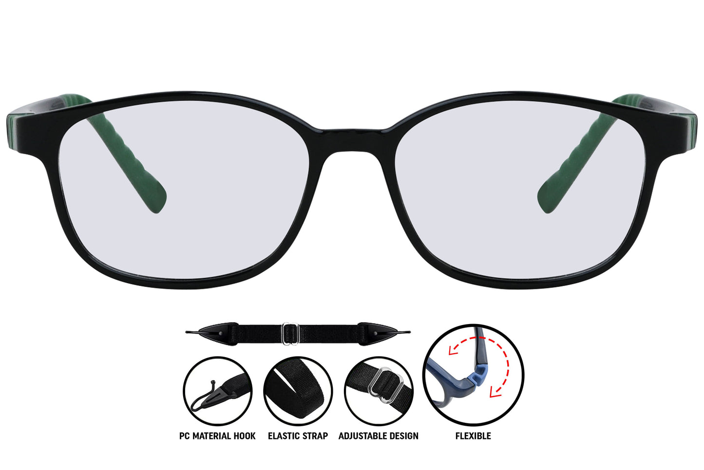 Close-up and side view of black-green Coline rectangle eyeglasses in C1 – modern unisex frame with bold color detail.