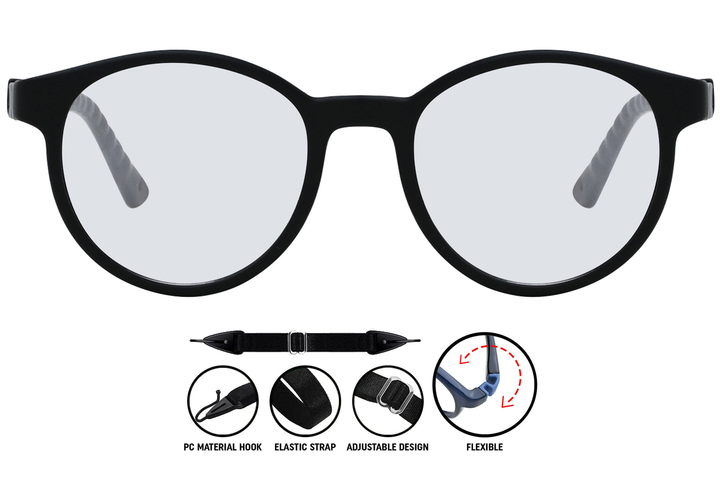 Coline black grey round eyeglasses, front view, modern style
