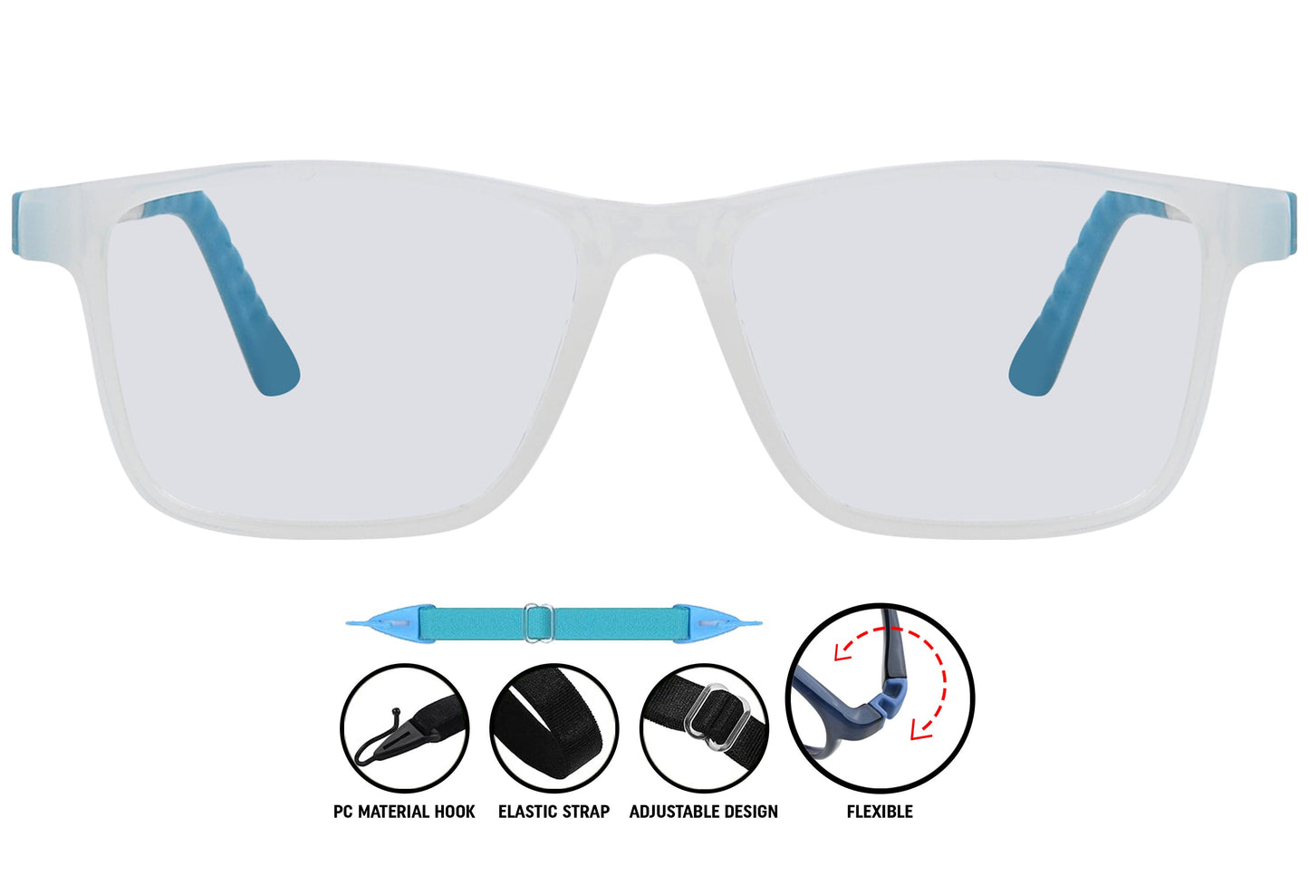 C3 light blue square eyeglasses highlighting the front design and color.