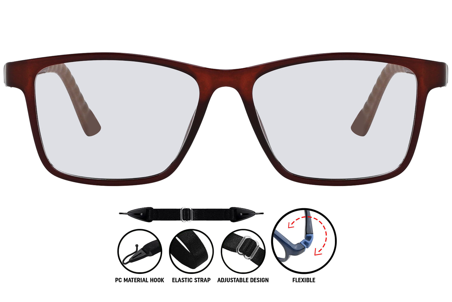 C4 square eyeglasses in brown red showing the front frame design.