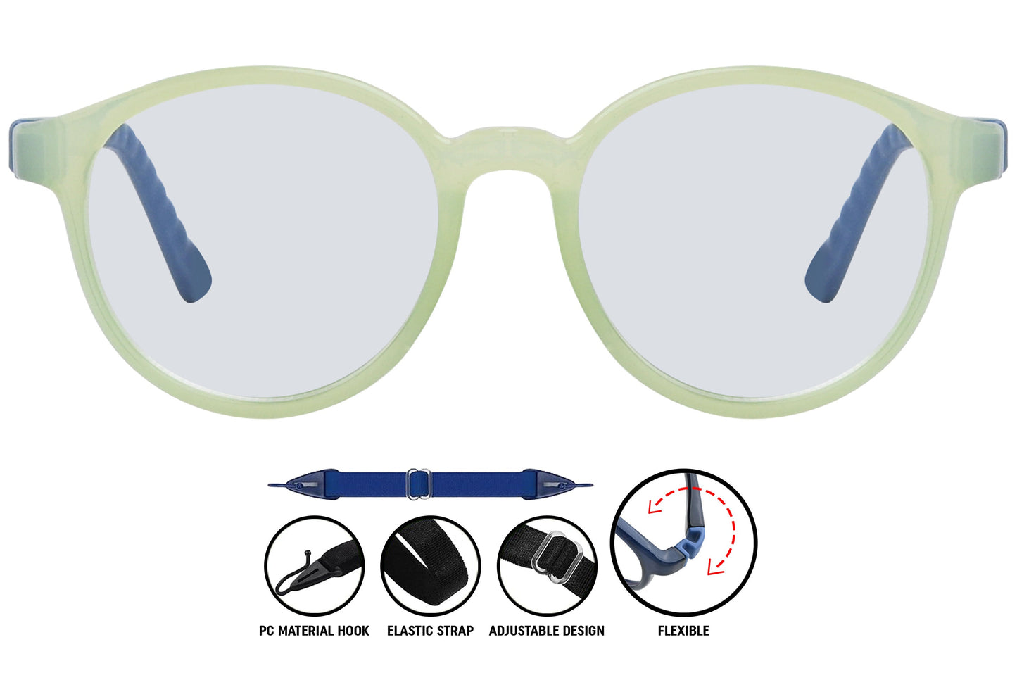 ight green aviator eyeglasses showing front frame and lens shape.