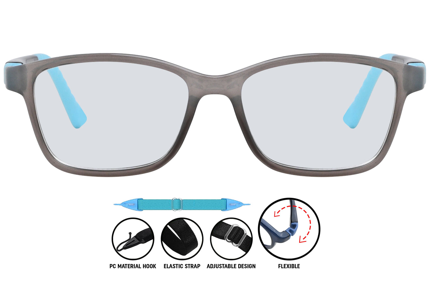 C9 grey square eyeglasses showing frame detail and lens shape.