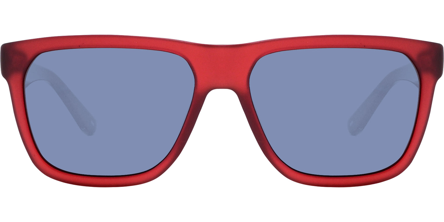 Red Lacoste wayfarer sunglasses with blue lenses and a plastic frame.