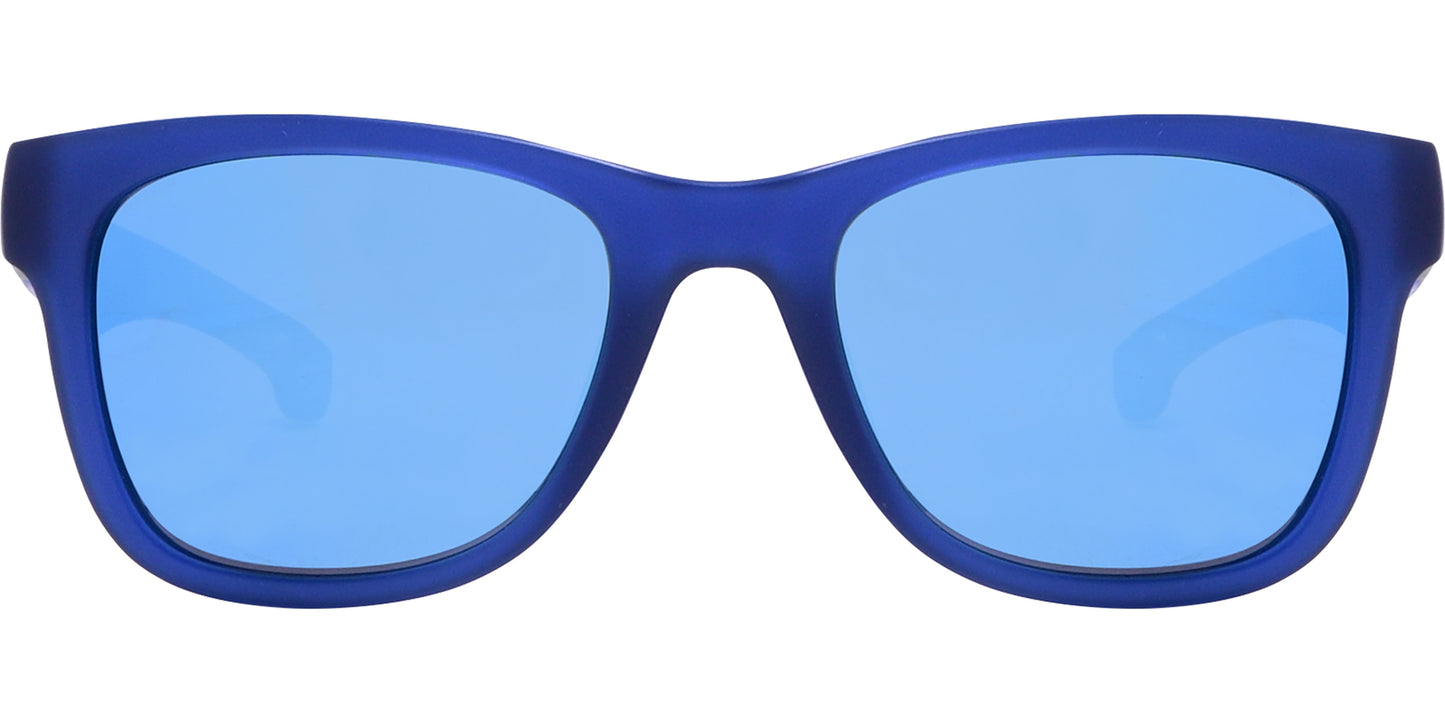 Blue wayfarer sunglasses with a Lacoste logo on the side.