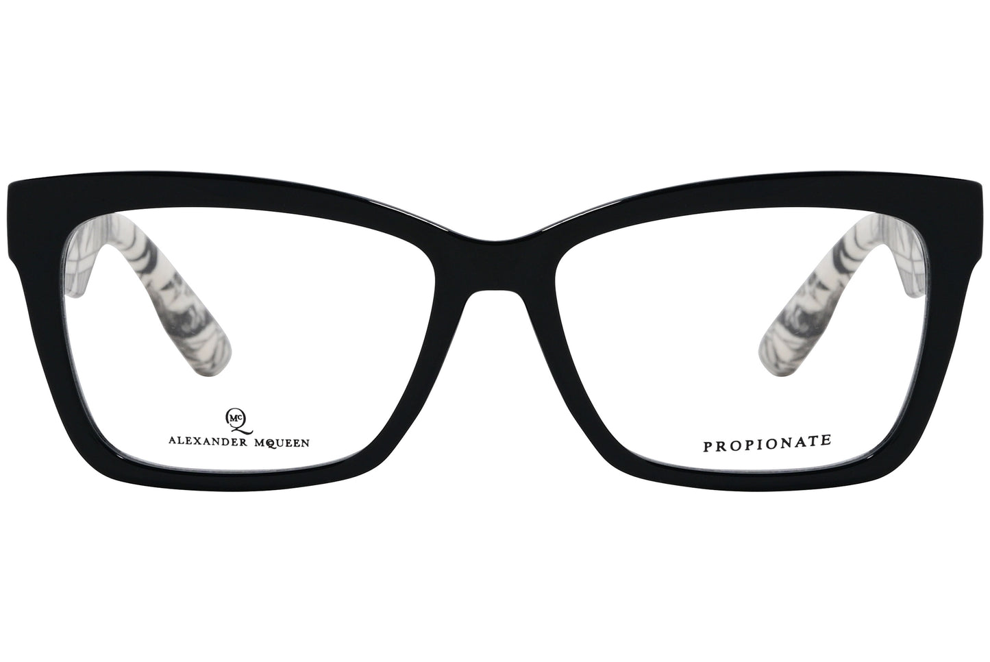 Black rectangle eyeglasses with a brand inscription on the front and Propionate noted on one of the arms.