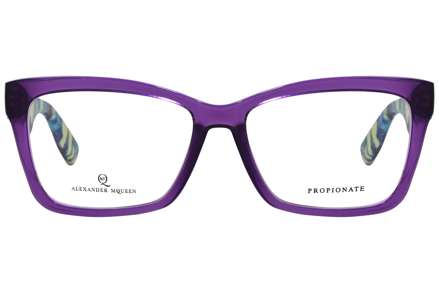A pair of purple rectangle eyeglasses with a patterned interior visible through the lenses.