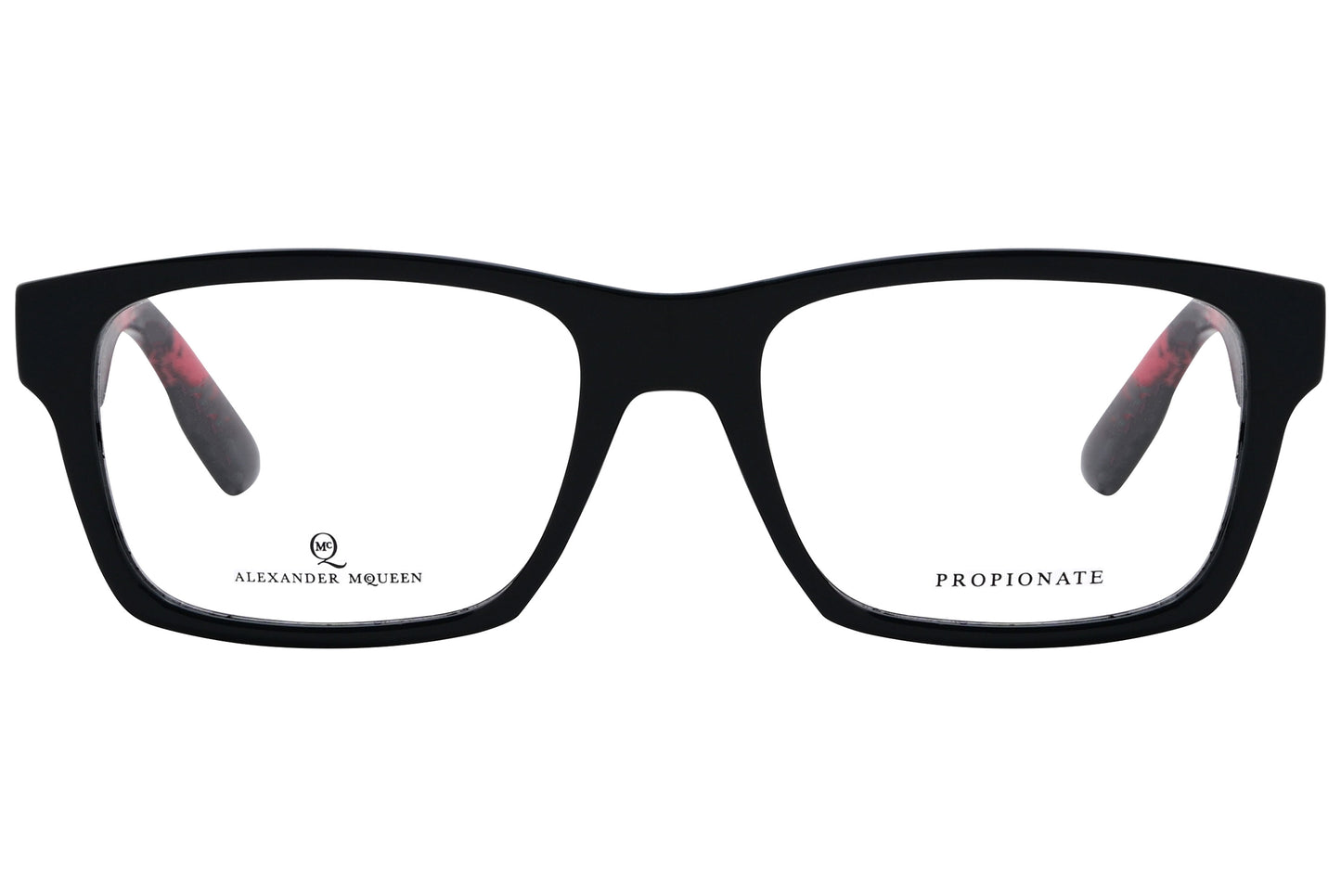 Black rectangle eyeglasses with a brand logo on the right arm and red accents on the temples.
