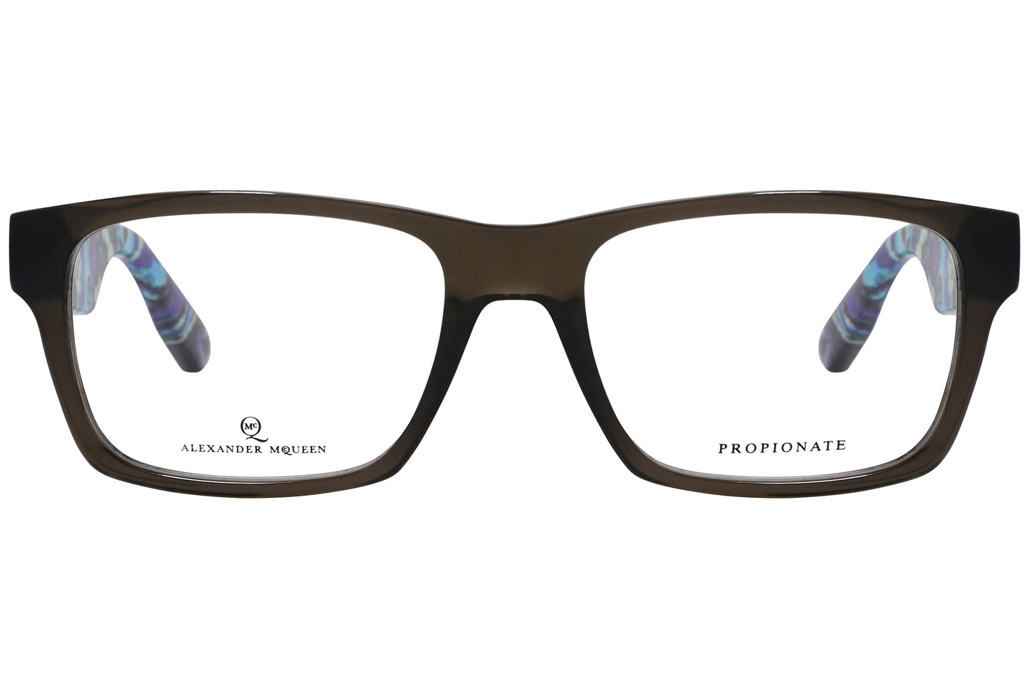 A pair of rectangular eyeglasses with a gray frame, from Alexander McQueen, model 0011-XOA.