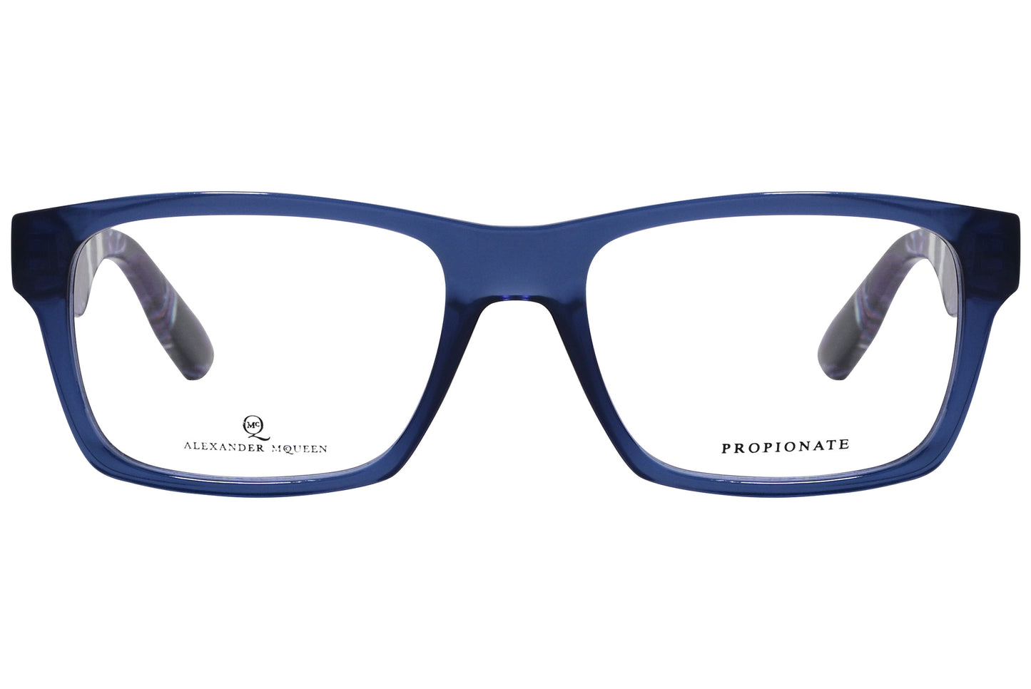 A pair of blue rectangle eyeglasses with the brand name Propionate visible on the side.