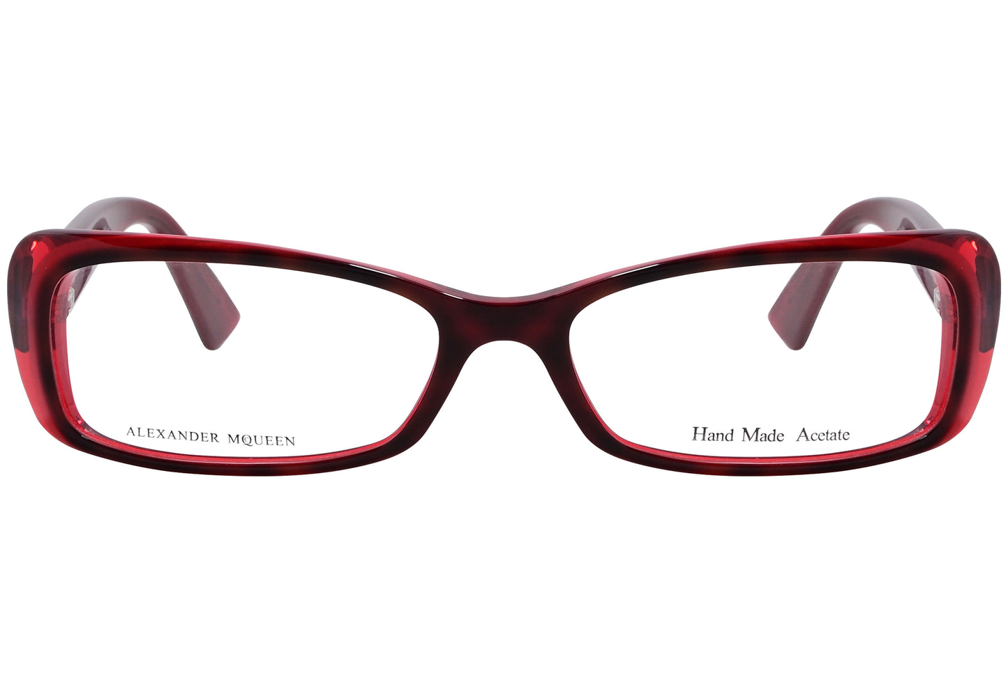 Red rectangle eyeglasses with a brand name displayed on the arms.