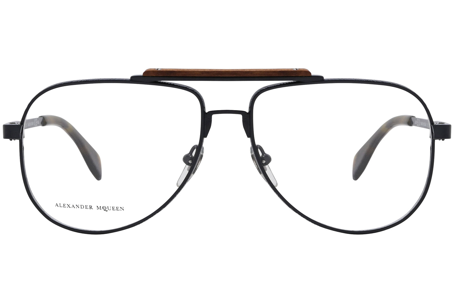 A pair of black aviator style eyeglasses with a metallic frame and wooden nose bridge.