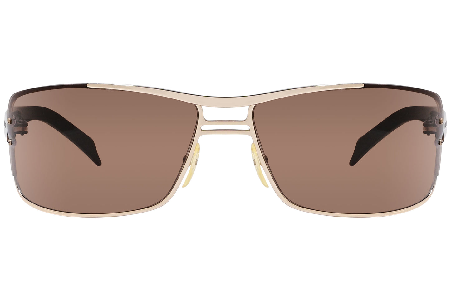 A pair of wrap-around sunglasses with brown lenses and a mix of brown and black colors in the frame.
