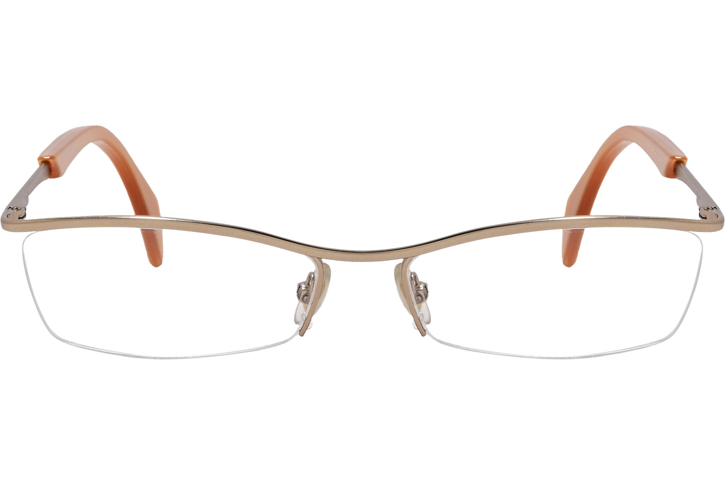 Gold rectangular eyeglasses with a metallic frame and plastic arms.