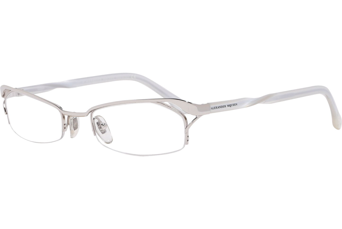 A pair of white rectangle eyeglasses with a metallic hinge.