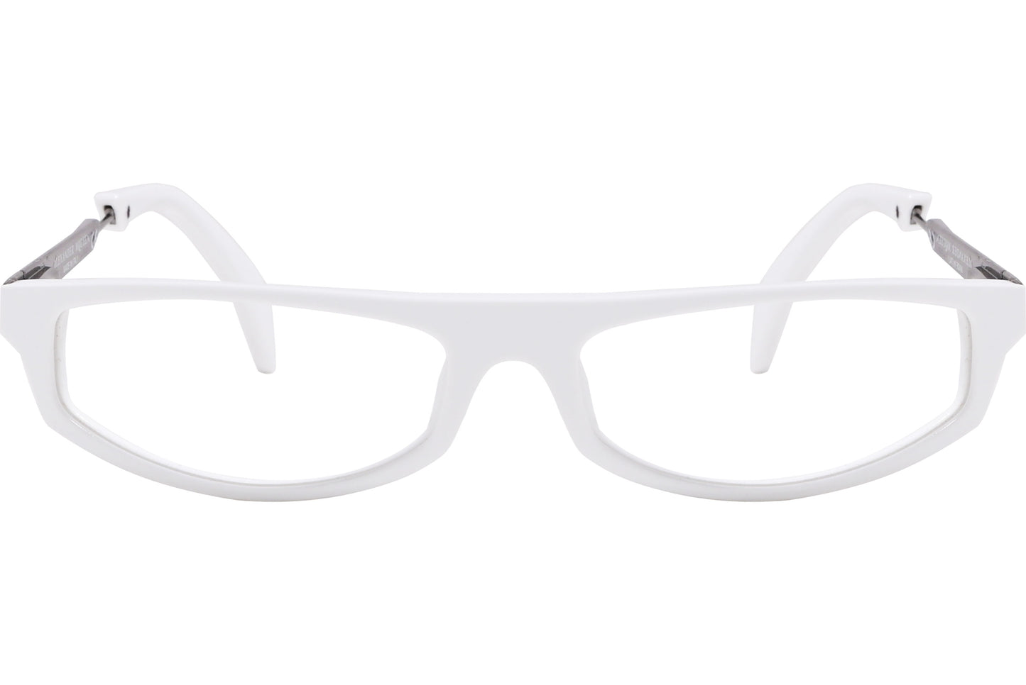 A pair of white, geometric eyeglasses with a full frame design.