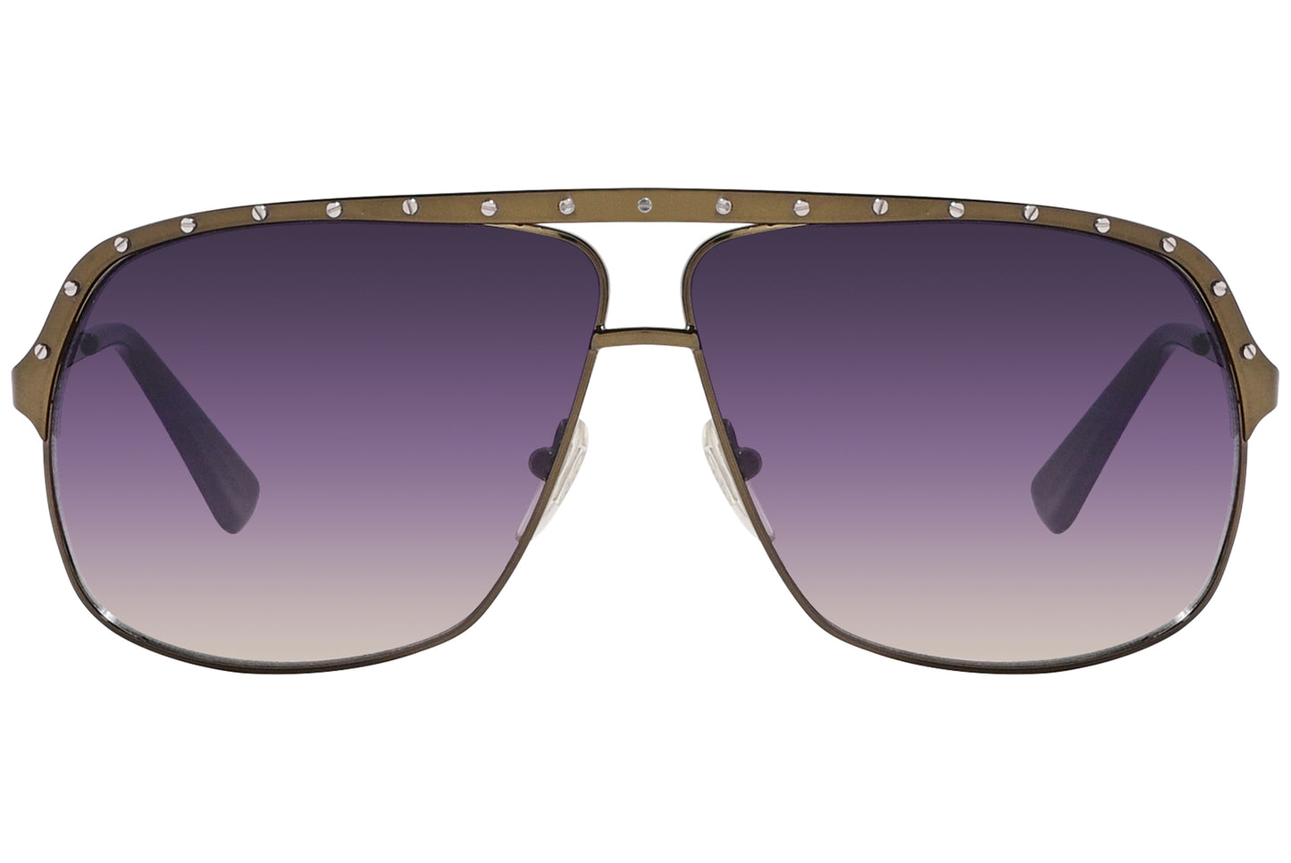 A pair of geometric sunglasses with a violet color lens and a metallic frame.