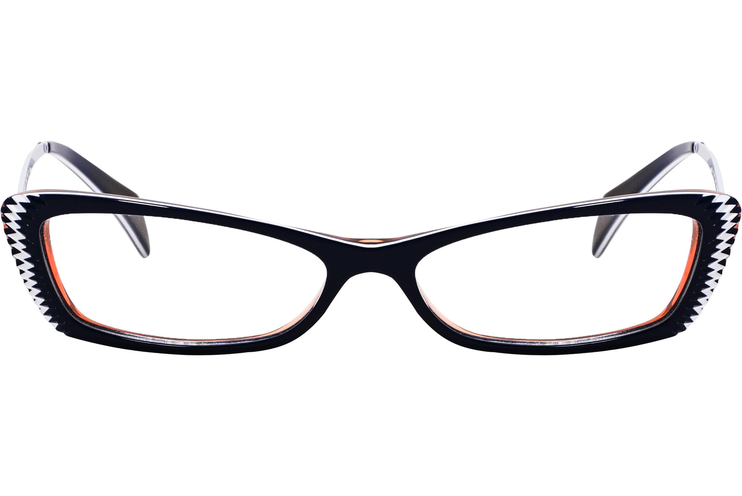A pair of black rectangle eyeglasses with orange details on the frames.