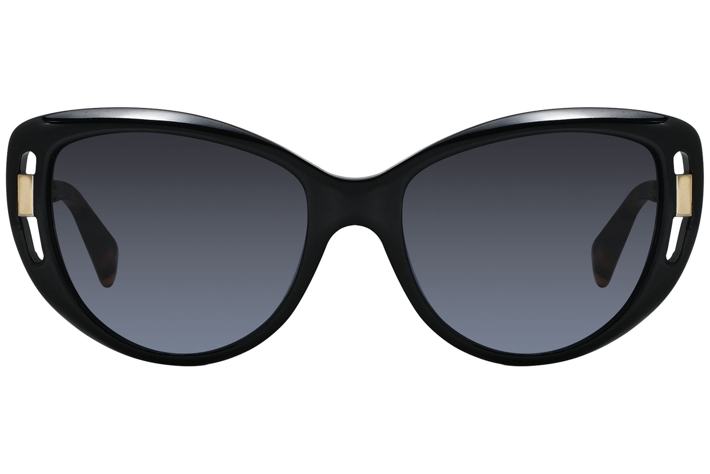 A pair of black cateye sunglasses with tortoise patterned temples.