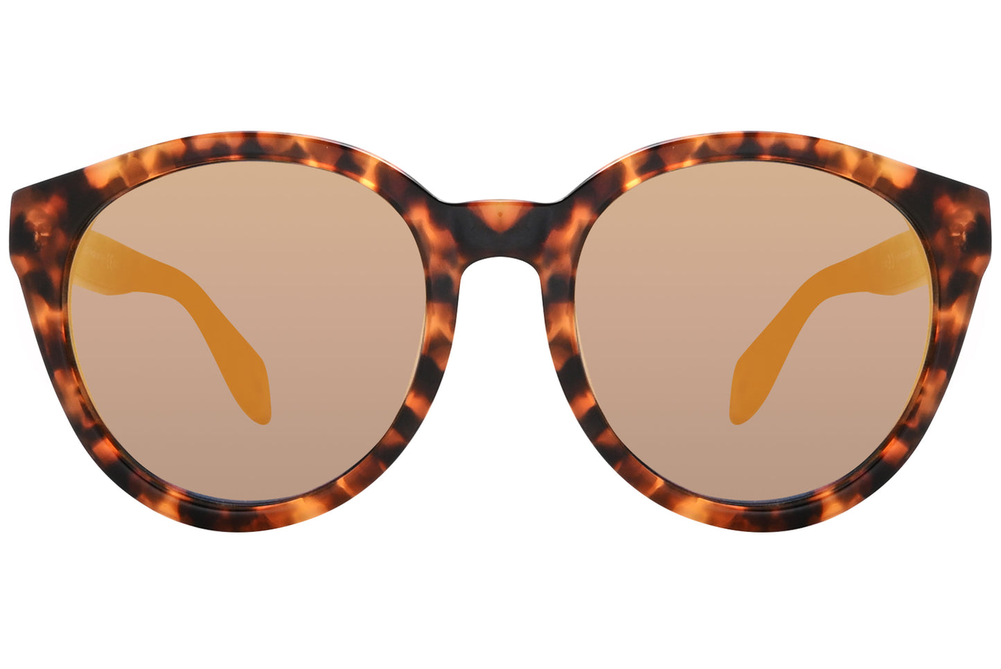 A pair of oval sunglasses with a tortoise color frame and orange lenses.