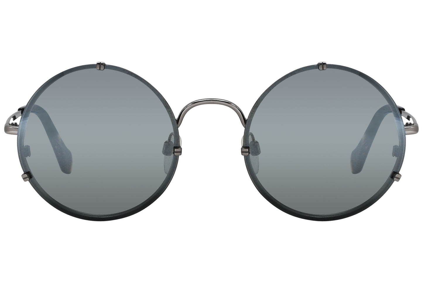 A pair of round silver sunglasses with a bold frame, featuring a full mirror lens and a nose bridge.