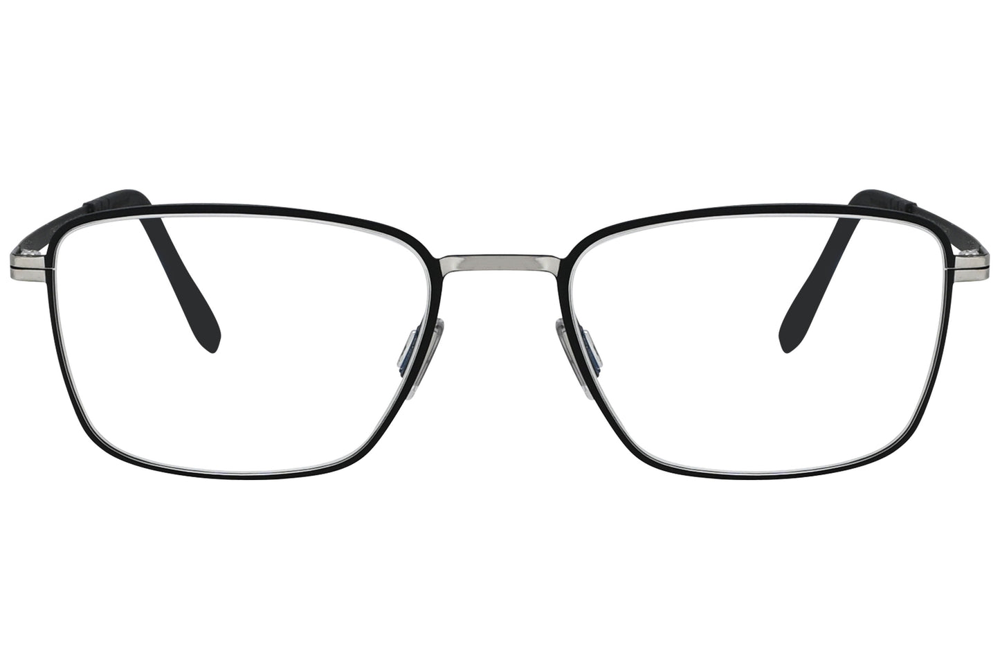 blackfin square black with silver eyeglasses frame viewed from a 90-degree angle.