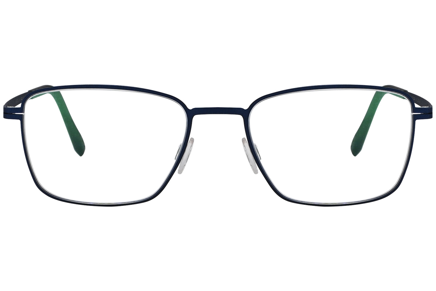 Close-up of Blackfin blue geometric eyeglasses showing frame texture and shape