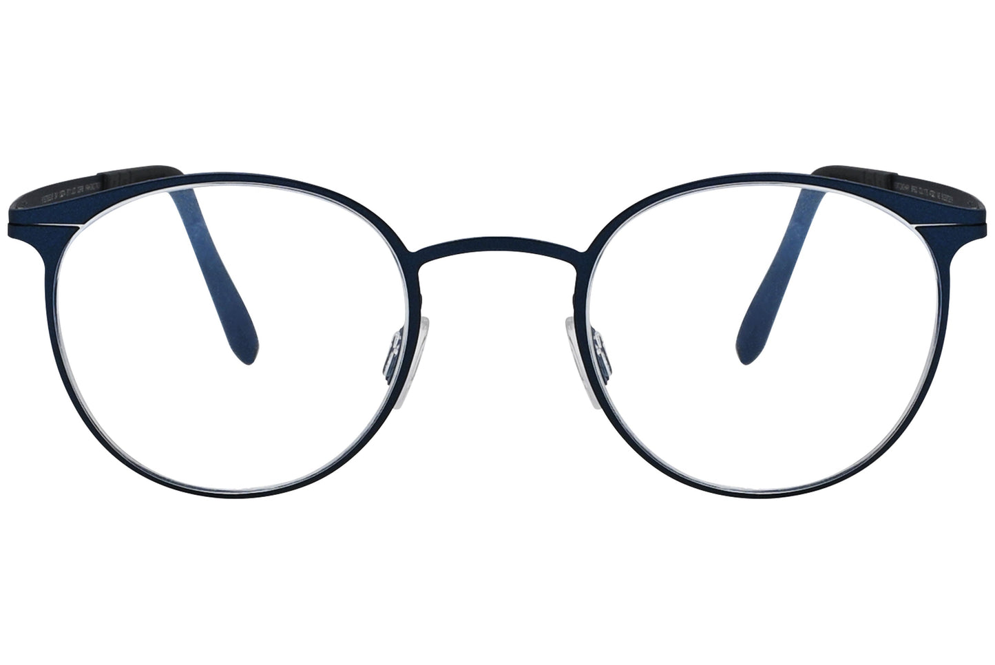 blackfin round blue eyeglasses frame viewed from a 90-degree angle.