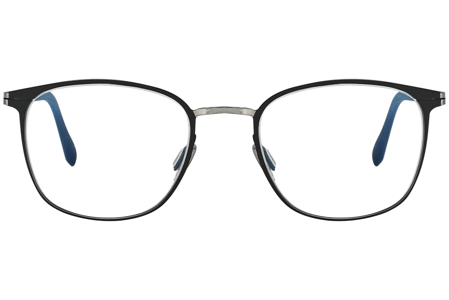 blackfin oval black with silver eyeglasses frame viewed from a 90-degree angle.