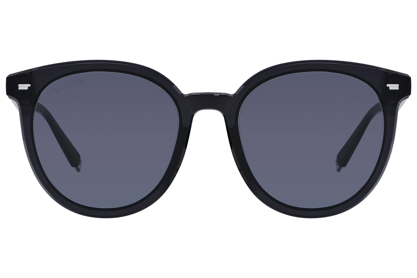 A pair of black round sunglasses with a solid pattern.