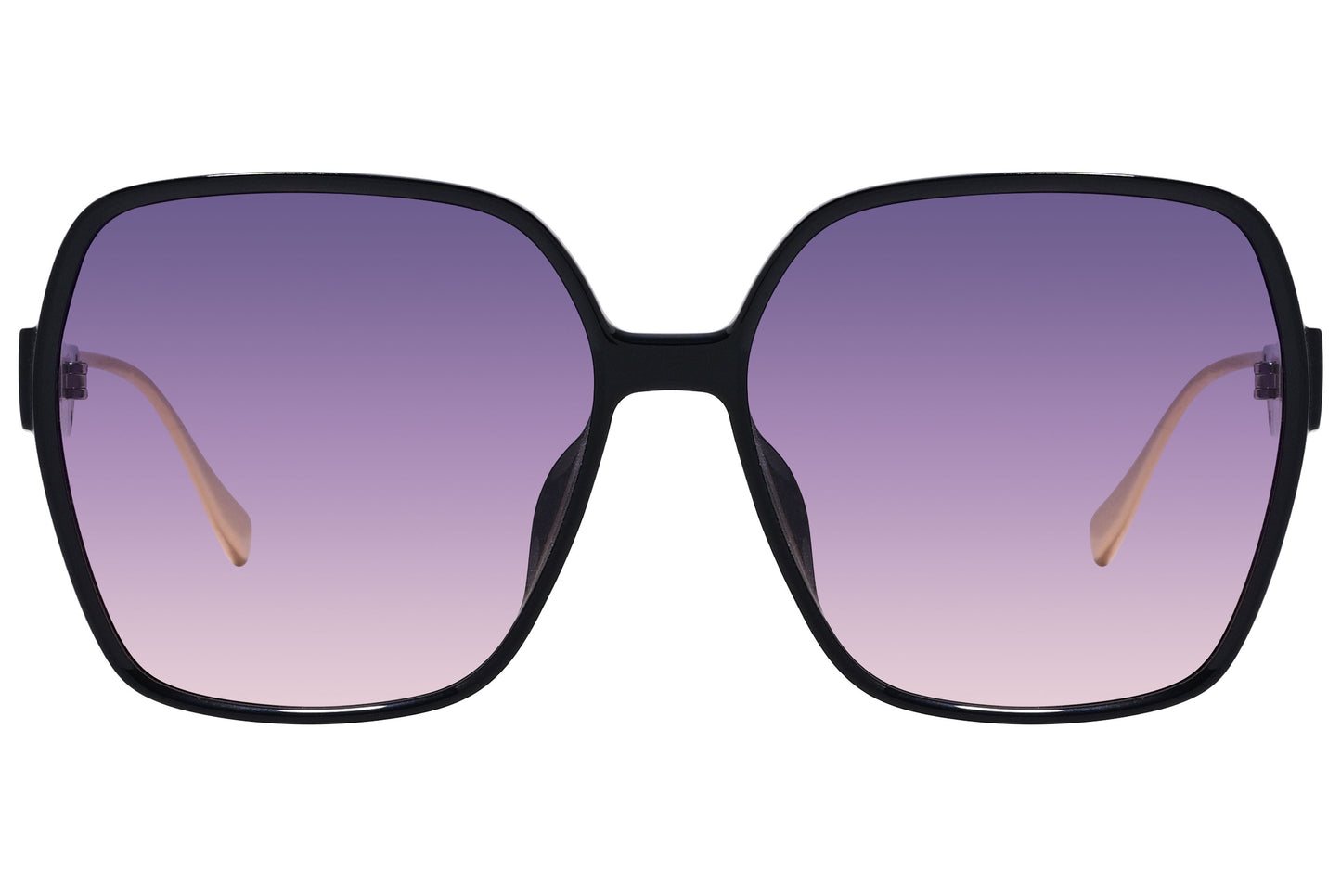 A pair of black geometric sunglasses with purple lenses.