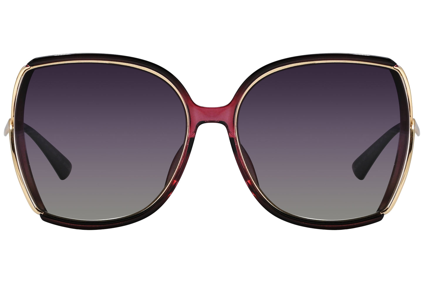 Butterfly sunglasses with a red frame and gold accents on the arms.