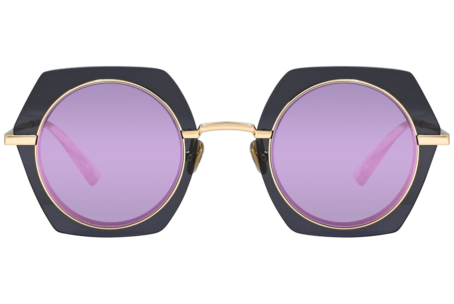 A pair of geometric sunglasses with a pink frame and reflective lenses.