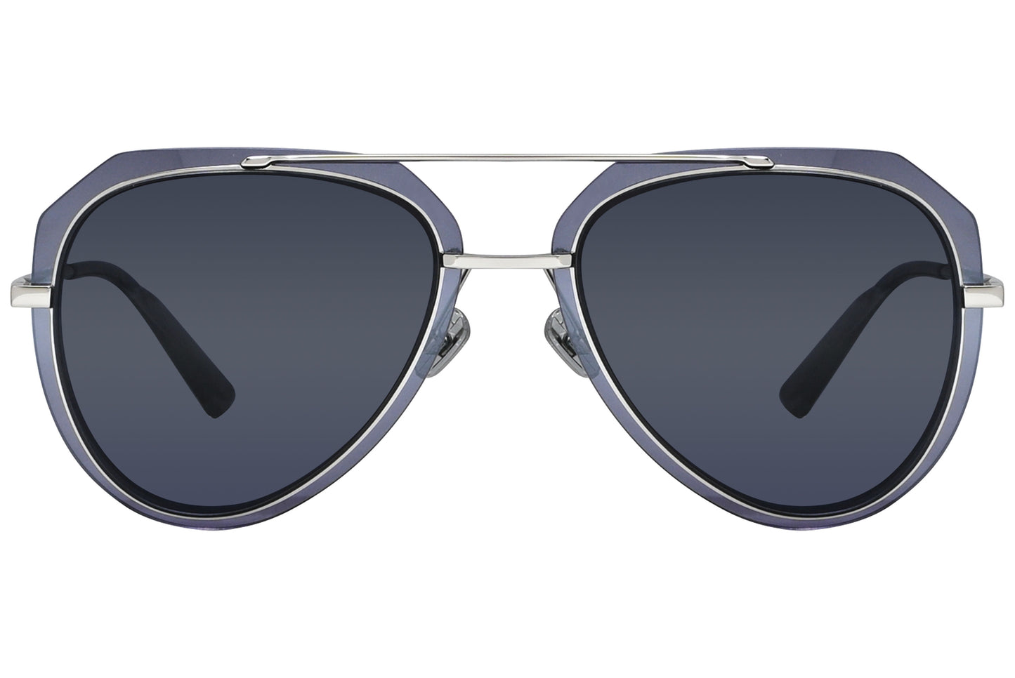 A pair of gray aviator sunglasses with metal frame and plastic lenses.