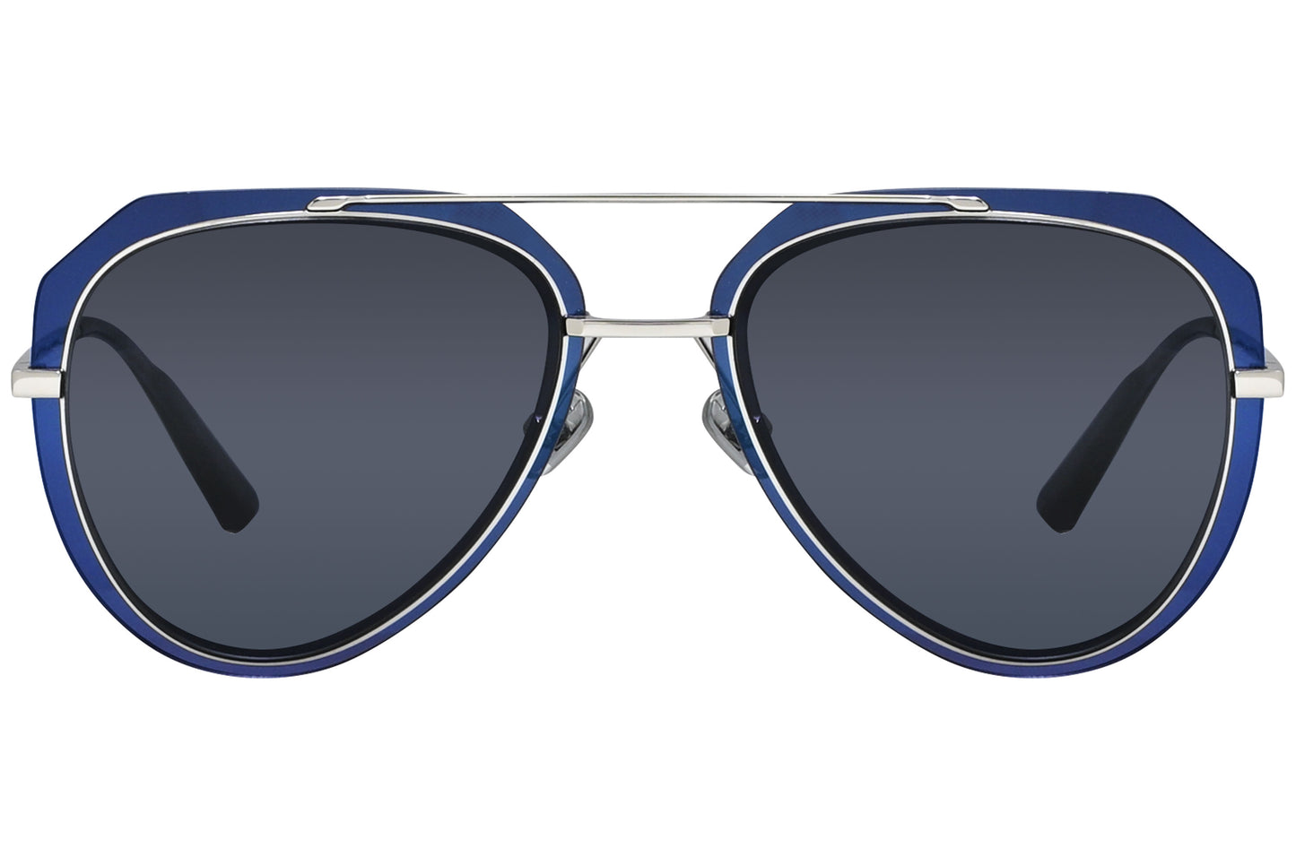 A pair of blue aviator sunglasses with a metallic bridge and dark lenses.