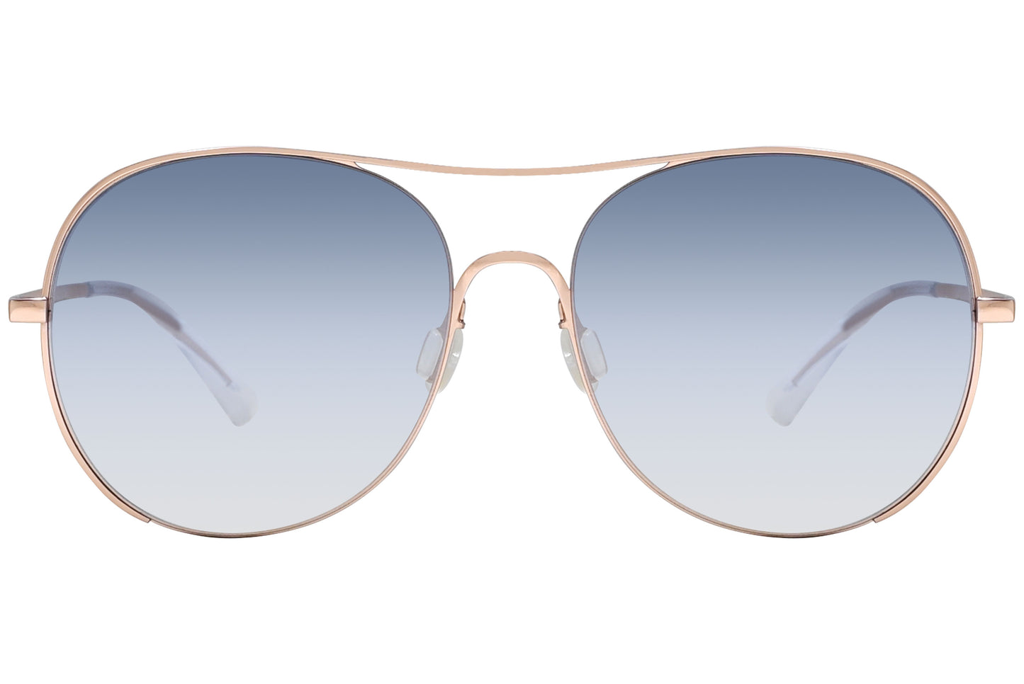 A pair of gold aviator sunglasses with blue lenses.